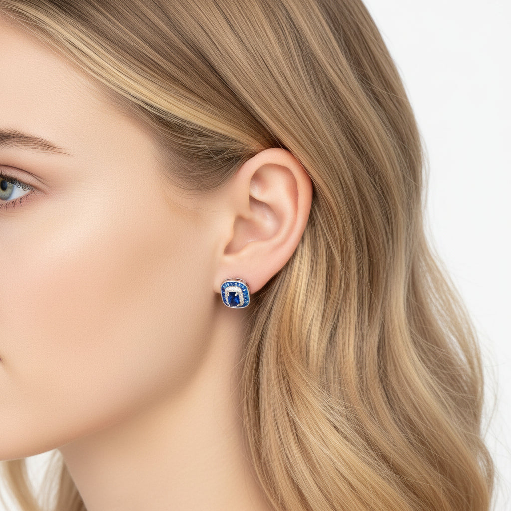 Art Deco Sapphire Stud Earrings in 925 Sterling Silver with Zirconia Halo