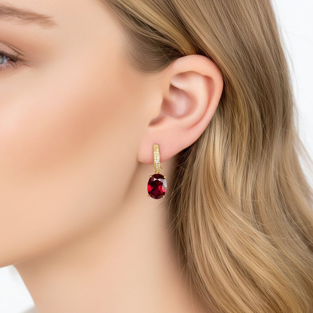925 Sterling Silver Oval Ruby Drop Earrings with Simulated Diamond Accents – Gold Plated