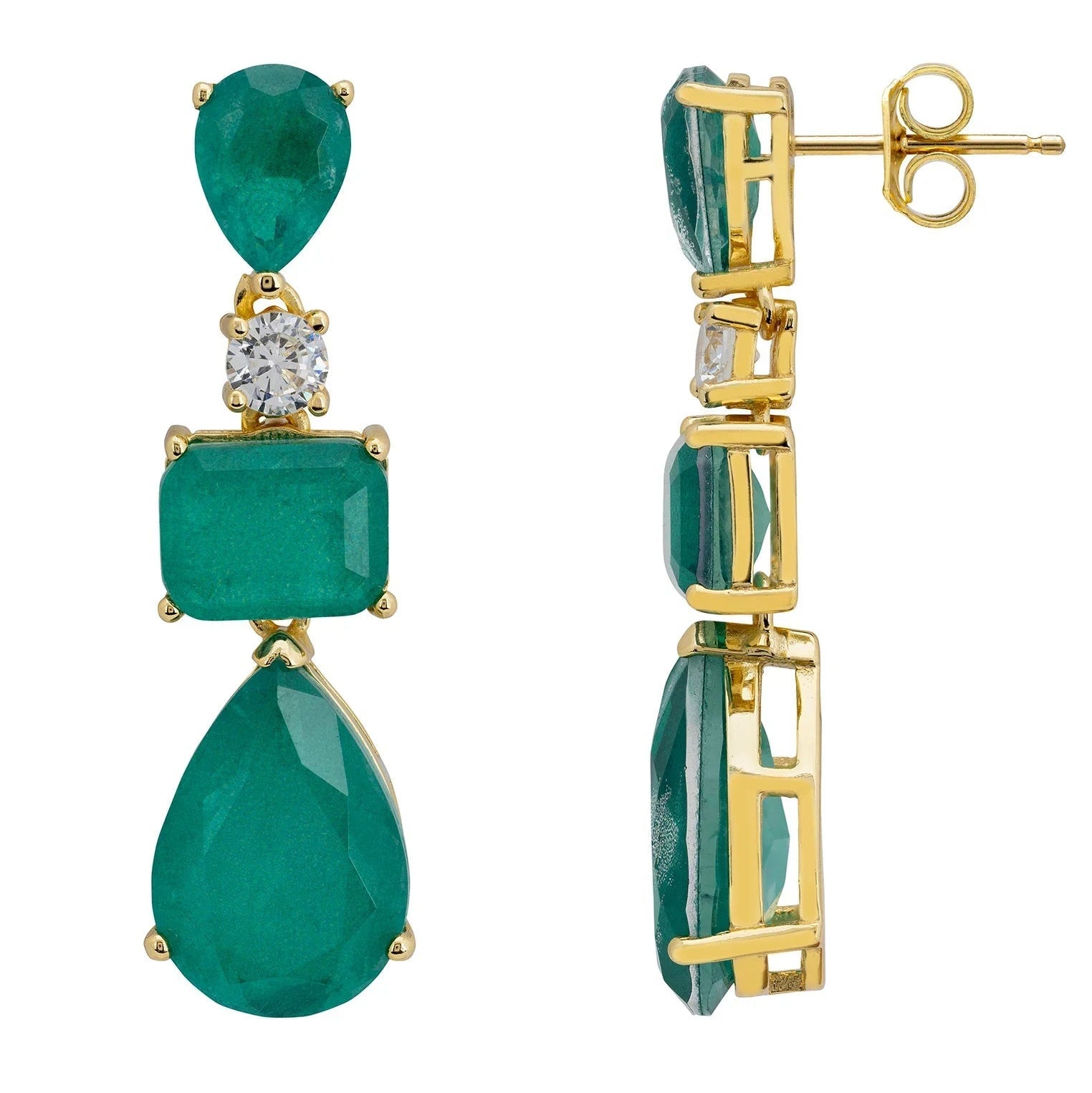 925 Sterling Silver Emerald Green Multi-Stone Drop Earrings with Simulated Diamond Accent – Gold Plated