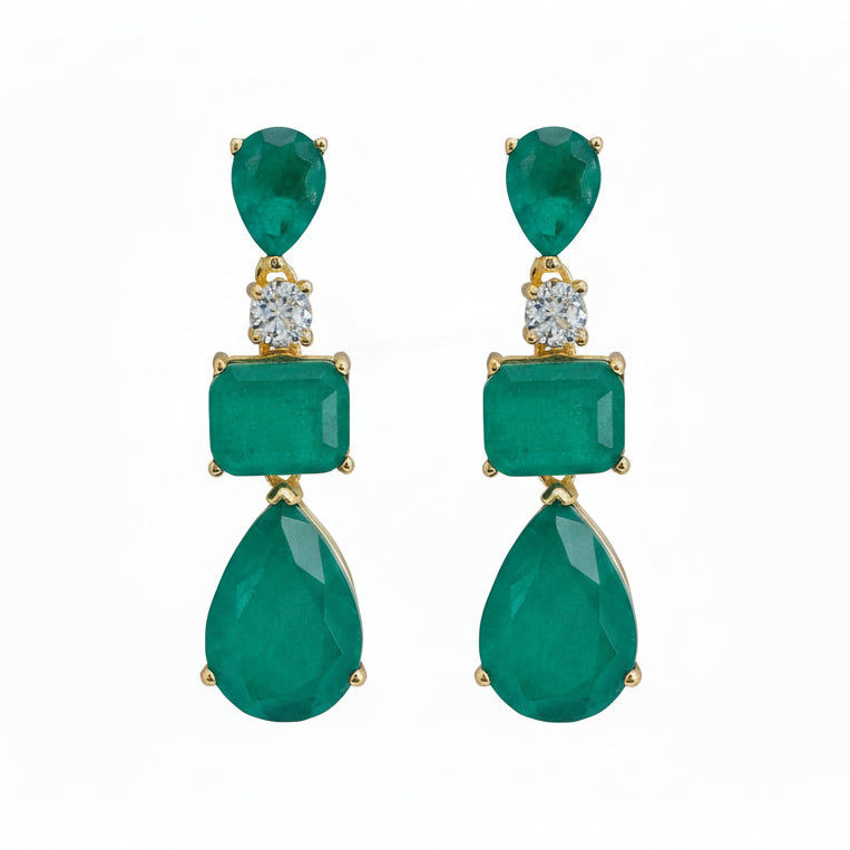 925 Sterling Silver Emerald Green Multi-Stone Drop Earrings with Simulated Diamond Accent – Gold Plated
