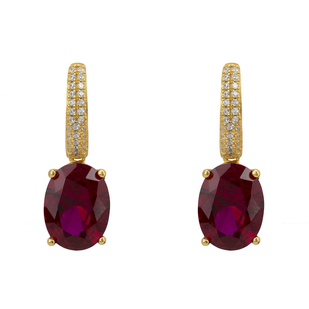 925 Sterling Silver Oval Ruby Drop Earrings with Simulated Diamond Accents – Gold Plated