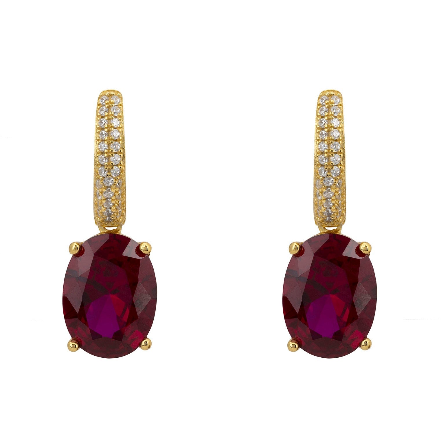 925 Sterling Silver Oval Ruby Drop Earrings with Simulated Diamond Accents – Gold Plated
