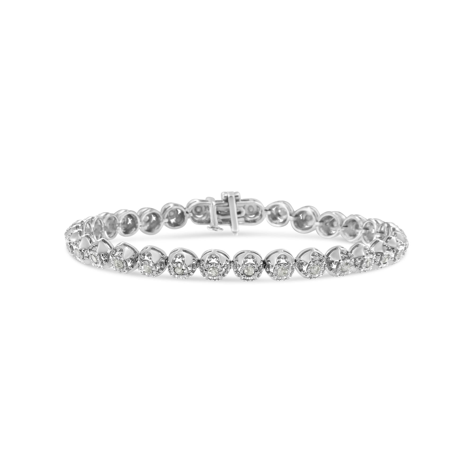 1.0 CTW Diamond Quatrefoil Circle-Link Tennis Bracelet in 925 Sterling Silver (I–J Color, I3 Clarity) – 7"