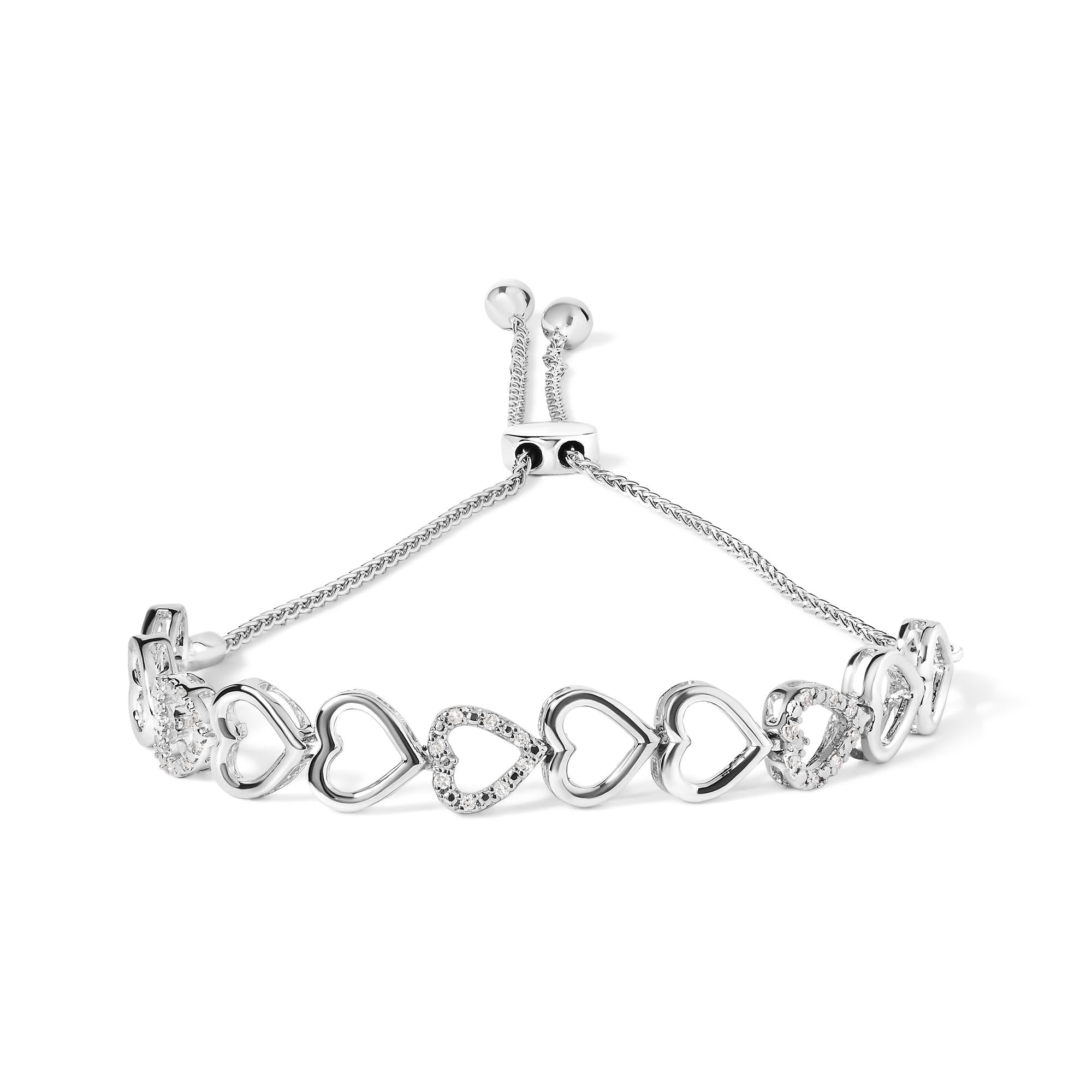 1/10 CTW Diamond Heart Link Bolo Bracelet in 925 Sterling Silver (I–J / I2–I3)