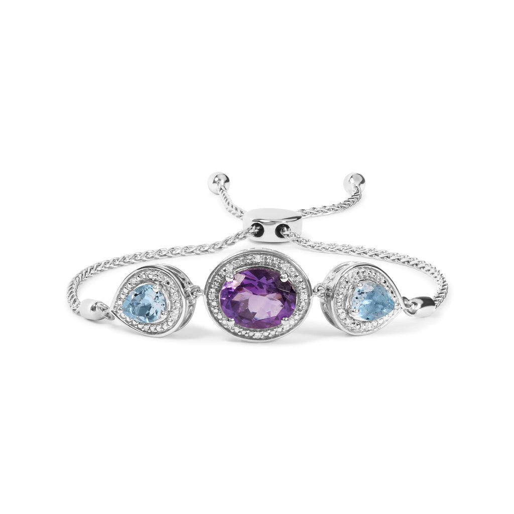 Oval Amethyst & Pear Blue Topaz Diamond Accent Lariat Bolo Bracelet in 925 Sterling Silver (H–I / SI1–SI2)