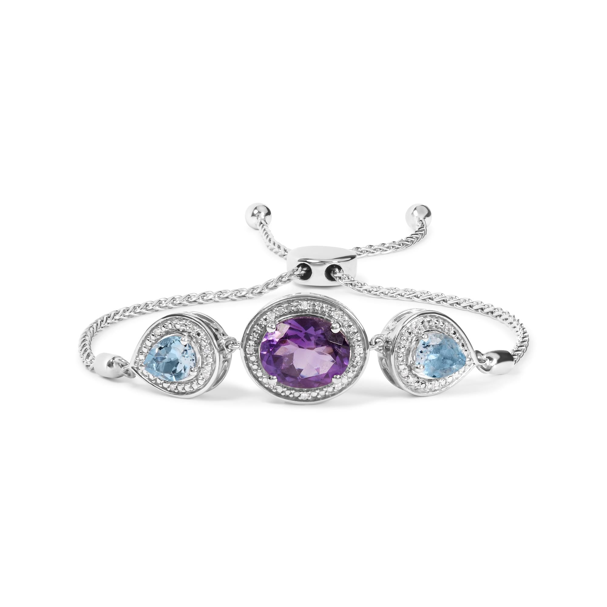 Oval Amethyst & Pear Blue Topaz Diamond Accent Lariat Bolo Bracelet in 925 Sterling Silver (H–I / SI1–SI2)