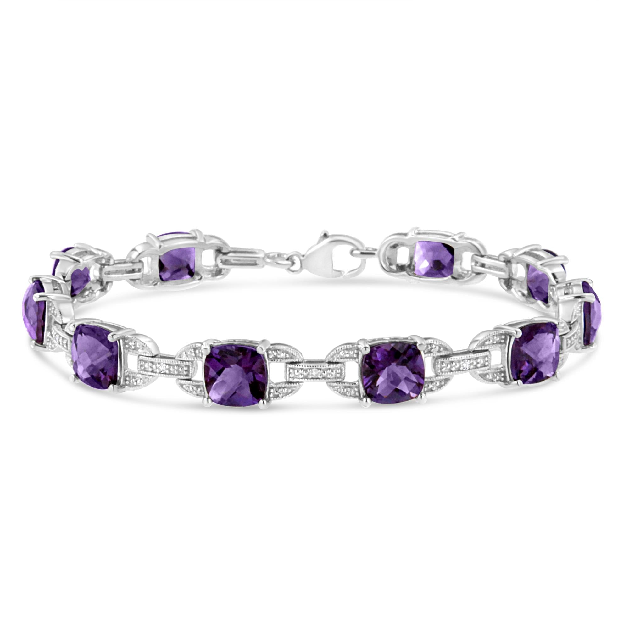 7mm Cushion-Cut Amethyst & Diamond Tennis Link Bracelet in 925 Sterling Silver – 7 in (I–J / I1–I2)