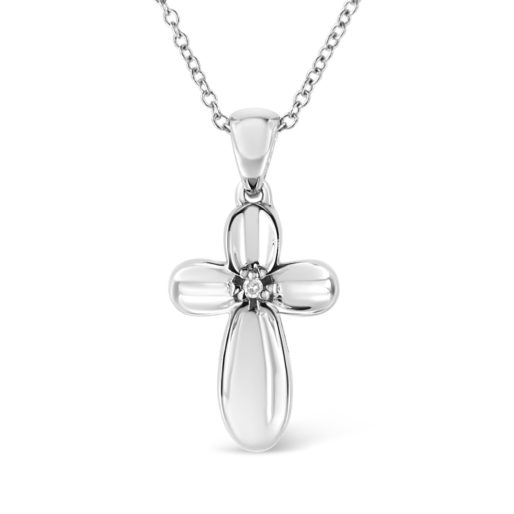 0.10 CTW Diamond Accent Floral Cross Pendant Necklace in 925 Sterling Silver (I–J Color, I1–I2 Clarity)