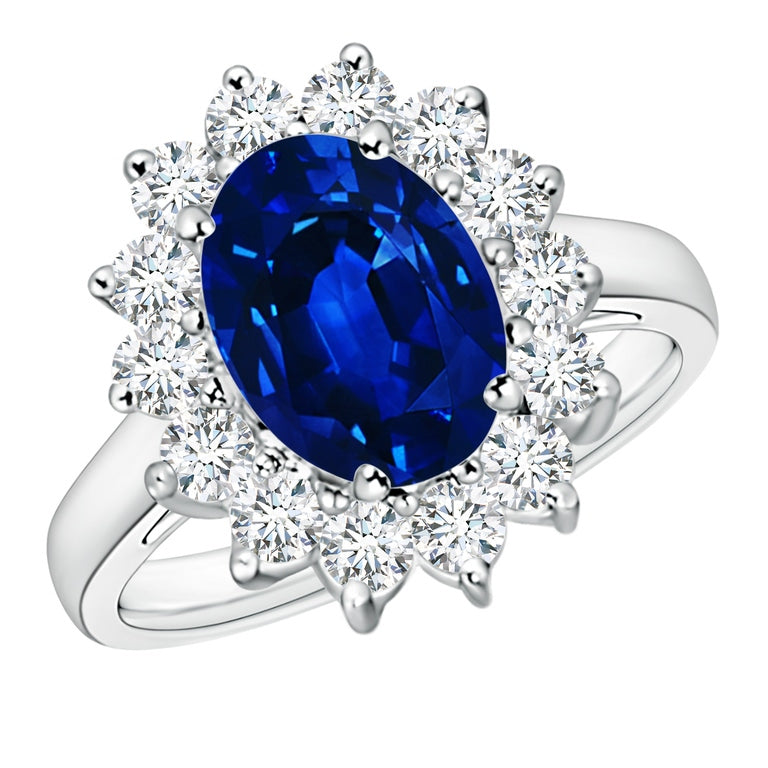 Princess Diana Inspired 3.00 CTW AGI Certified Lab-Grown Sapphire & Diamond Halo Ring in 14K White Gold – 9×7mm (0.35 × 0.28 in)