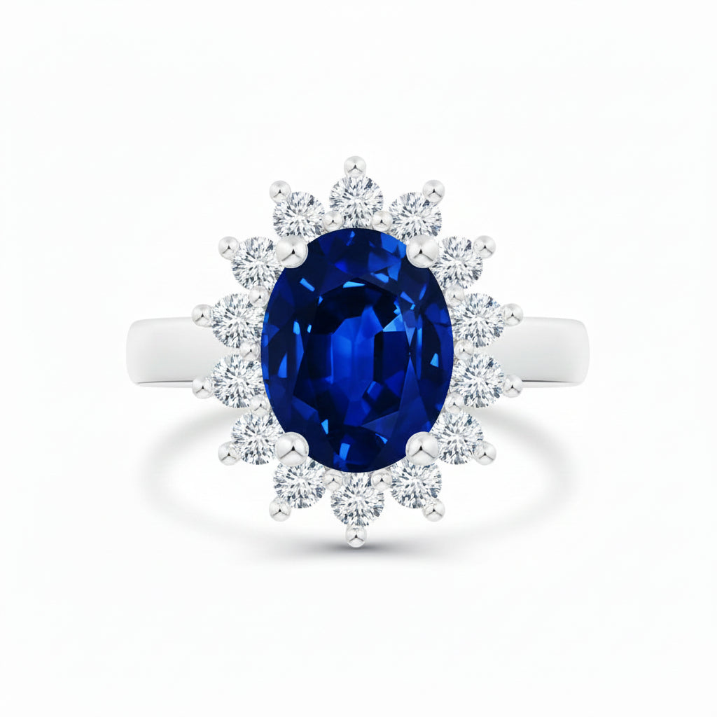 Princess Diana Inspired 3.00 CTW AGI Certified Lab-Grown Sapphire & Diamond Halo Ring in 14K White Gold – 9×7mm (0.35 × 0.28 in)