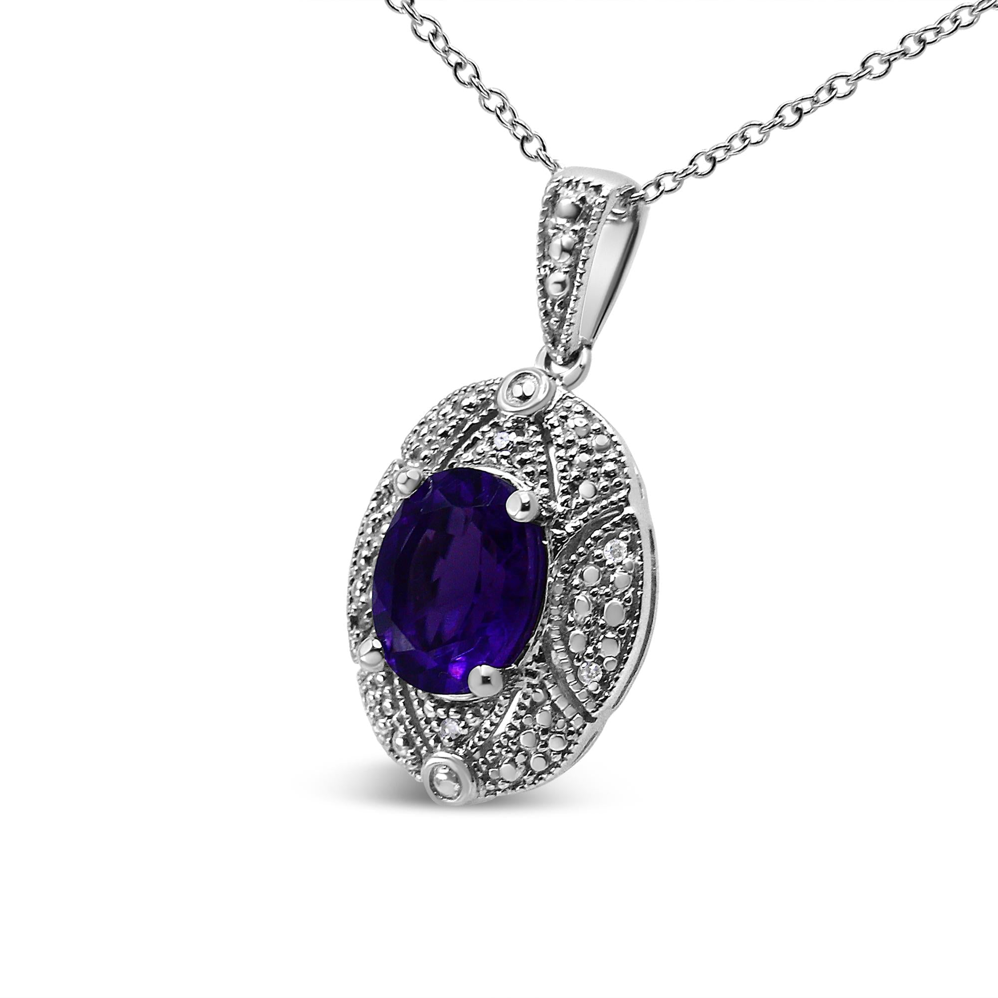 Amethyst & Diamond Accent Milgrain Pendant Necklace 925 Sterling Silver (I–J Color, I1–I2 Clarity)