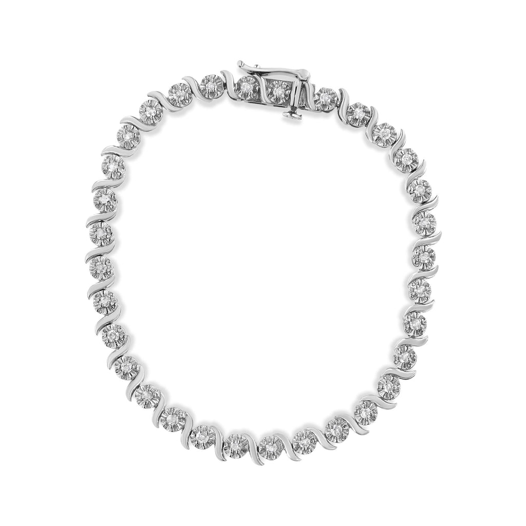 1.0 CTW Diamond Spiral Wave Link Tennis Bracelet in 925 Sterling Silver (I–J Color, I3 Clarity)