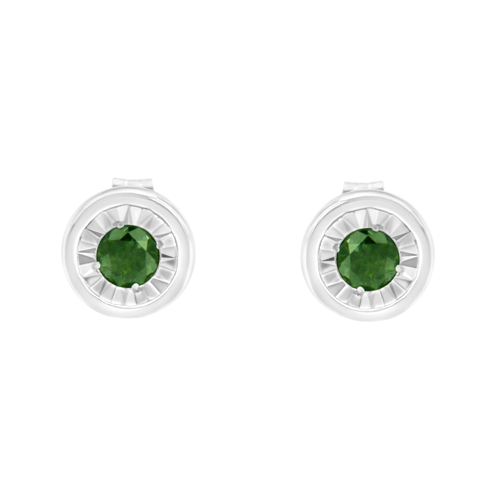 1/4 CTTW Green & Clear Diamond Stud Earrings in 925 Sterling Silver (Color-Enhanced, I1–I2 Clarity)