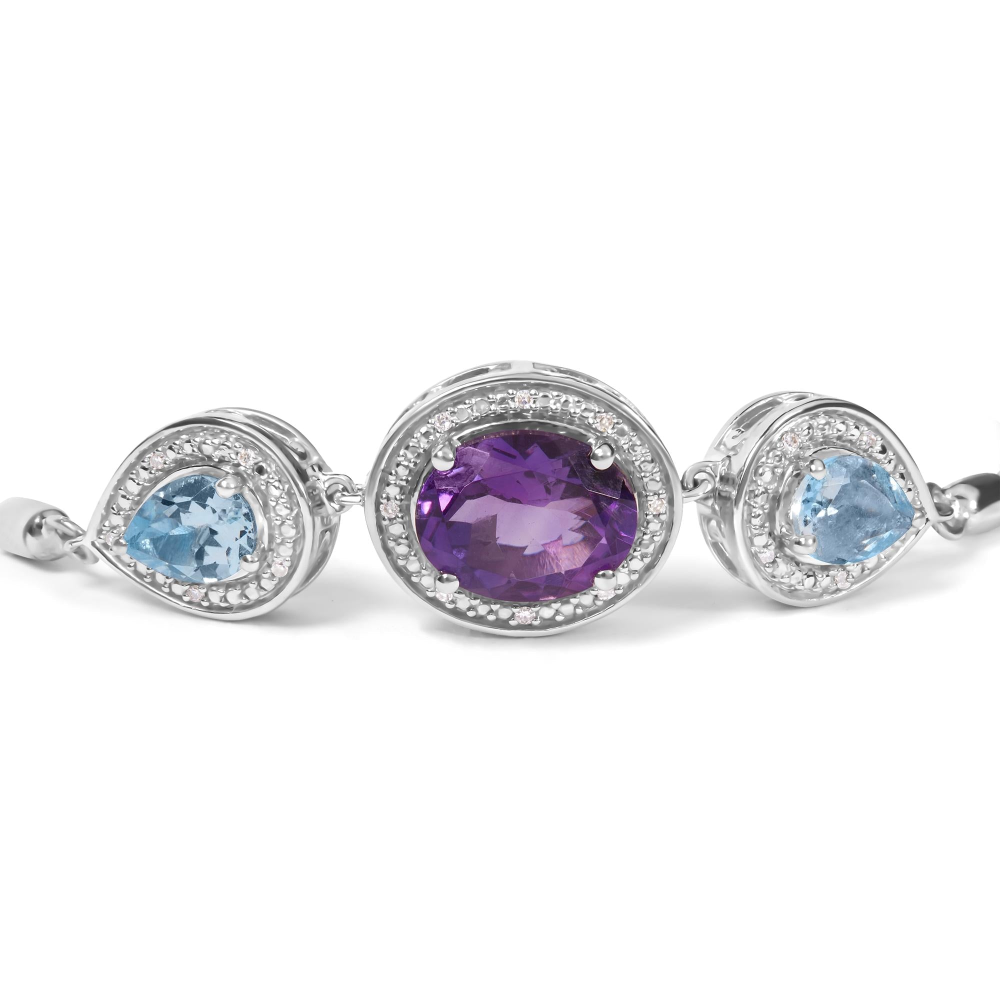 Oval Amethyst & Pear Blue Topaz Diamond Accent Lariat Bolo Bracelet in 925 Sterling Silver (H–I / SI1–SI2)