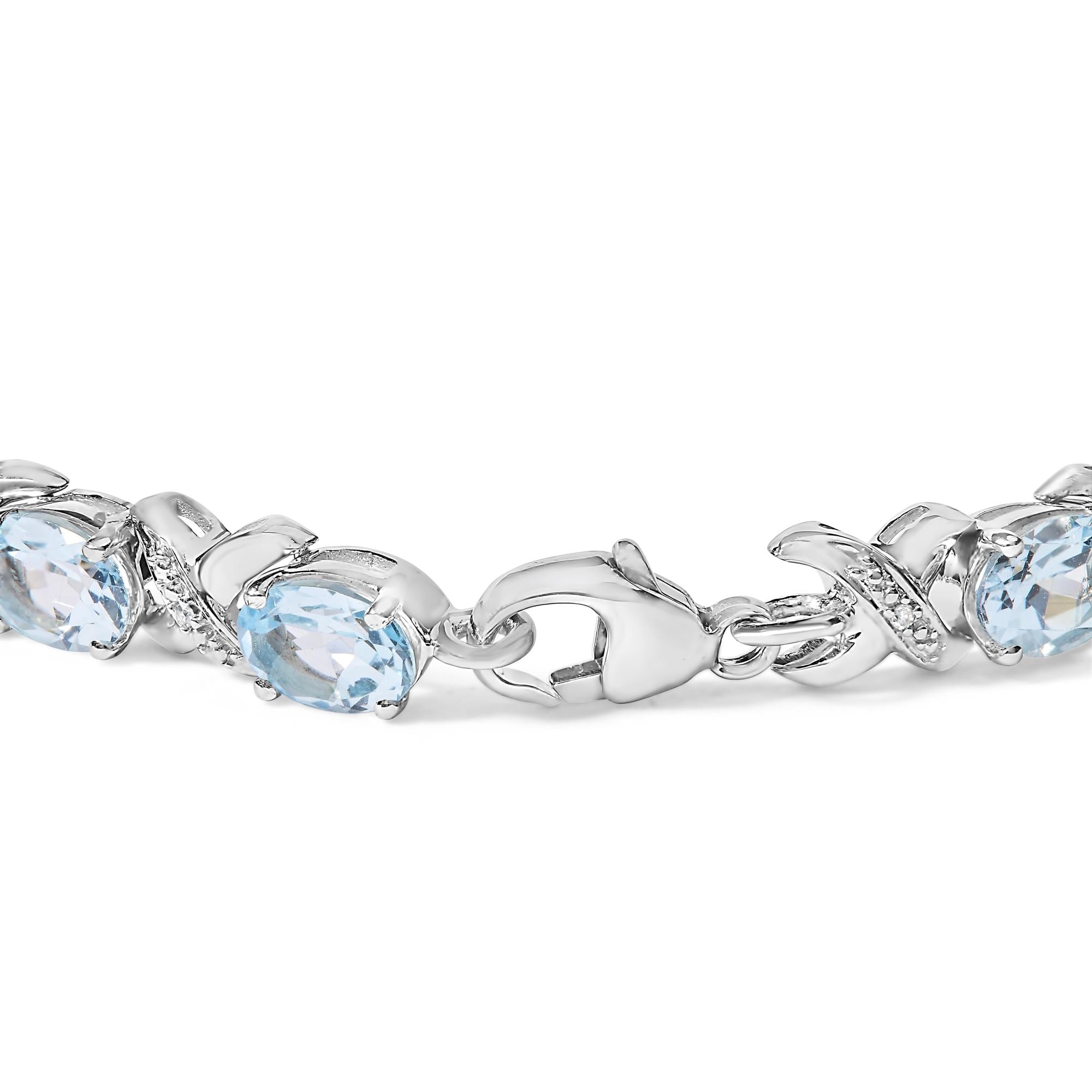 16.0 CTW Oval Blue Topaz & Diamond Accent Tennis X Link Bracelet in 925 Sterling Silver (I–J / I1–I2)