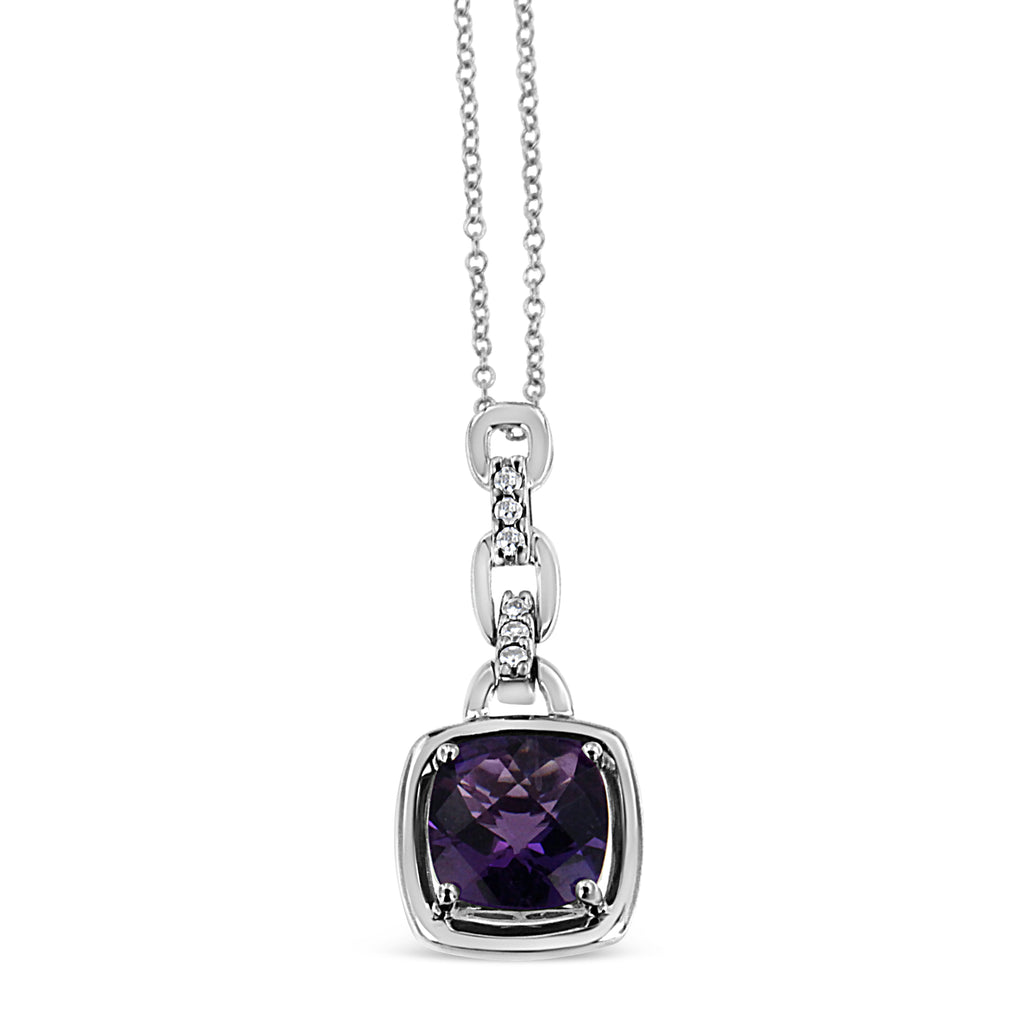 Amethyst & Diamond Accent Cushion Pendant Necklace in 925 Sterling Silver