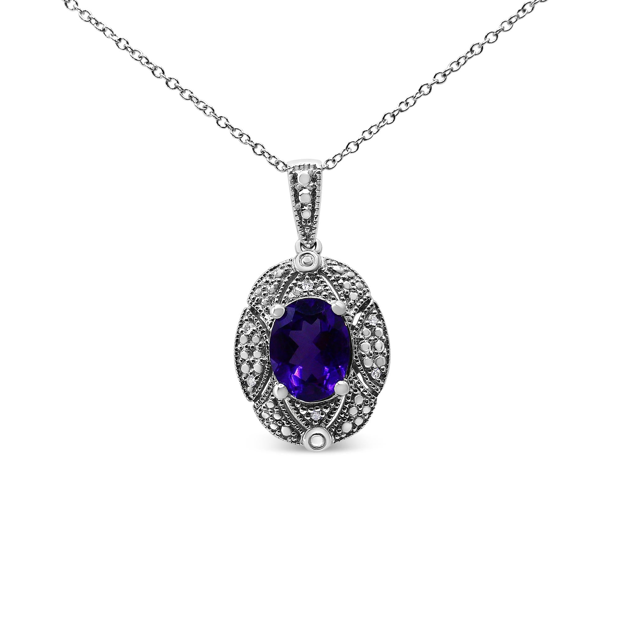 Amethyst & Diamond Accent Milgrain Pendant Necklace 925 Sterling Silver (I–J Color, I1–I2 Clarity)