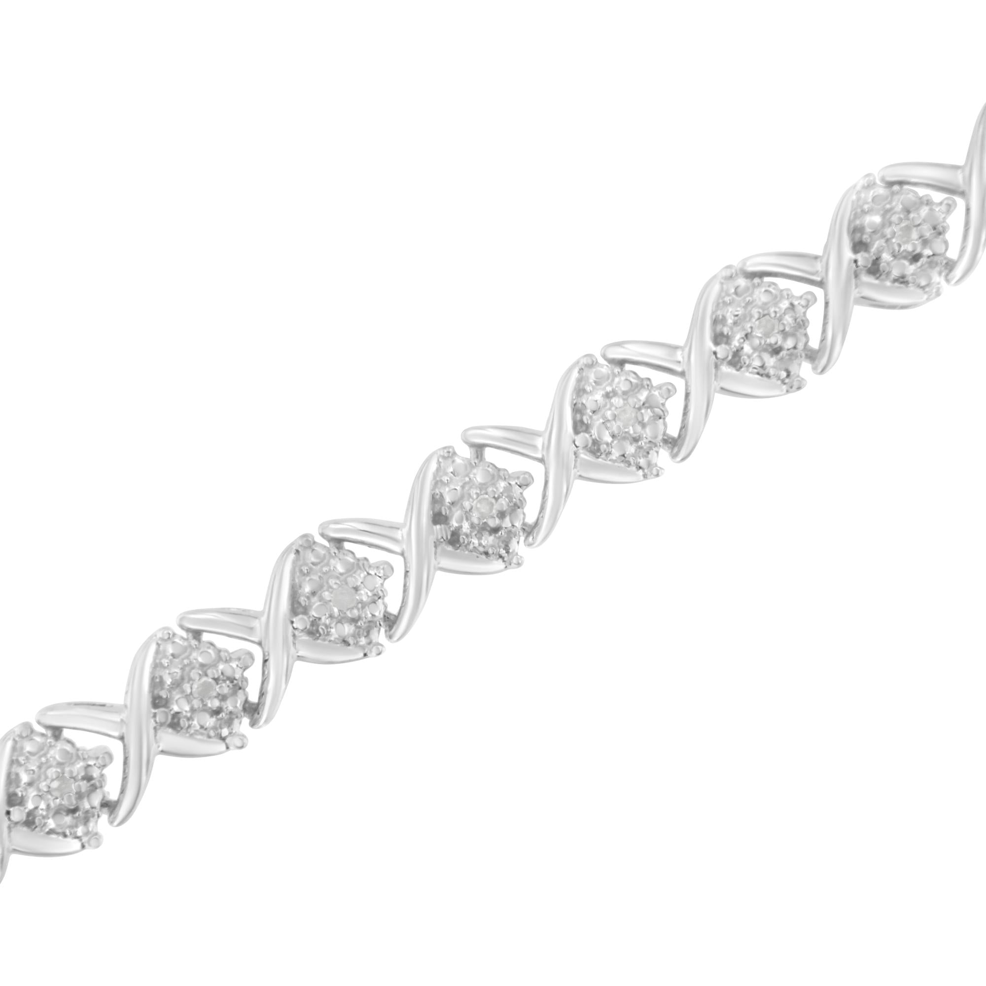 1/10 CTW Diamond Floral Cluster & “X” Link Bracelet in 925 Sterling Silver (I–J Color, I3 Clarity)