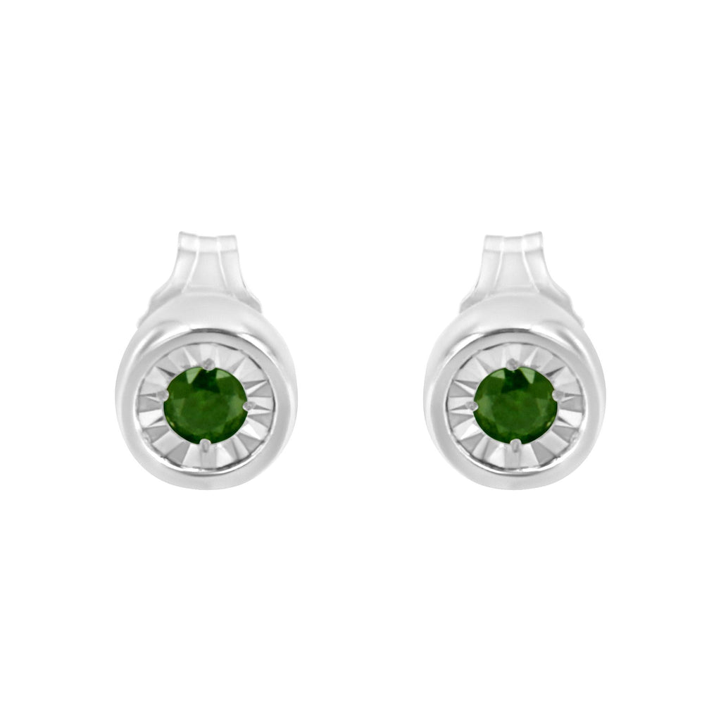 1/5 CTTW Green & Clear Diamond Stud Earrings in 925 Sterling Silver – Miracle-Set, Color-Enhanced, I1–I2 Clarity