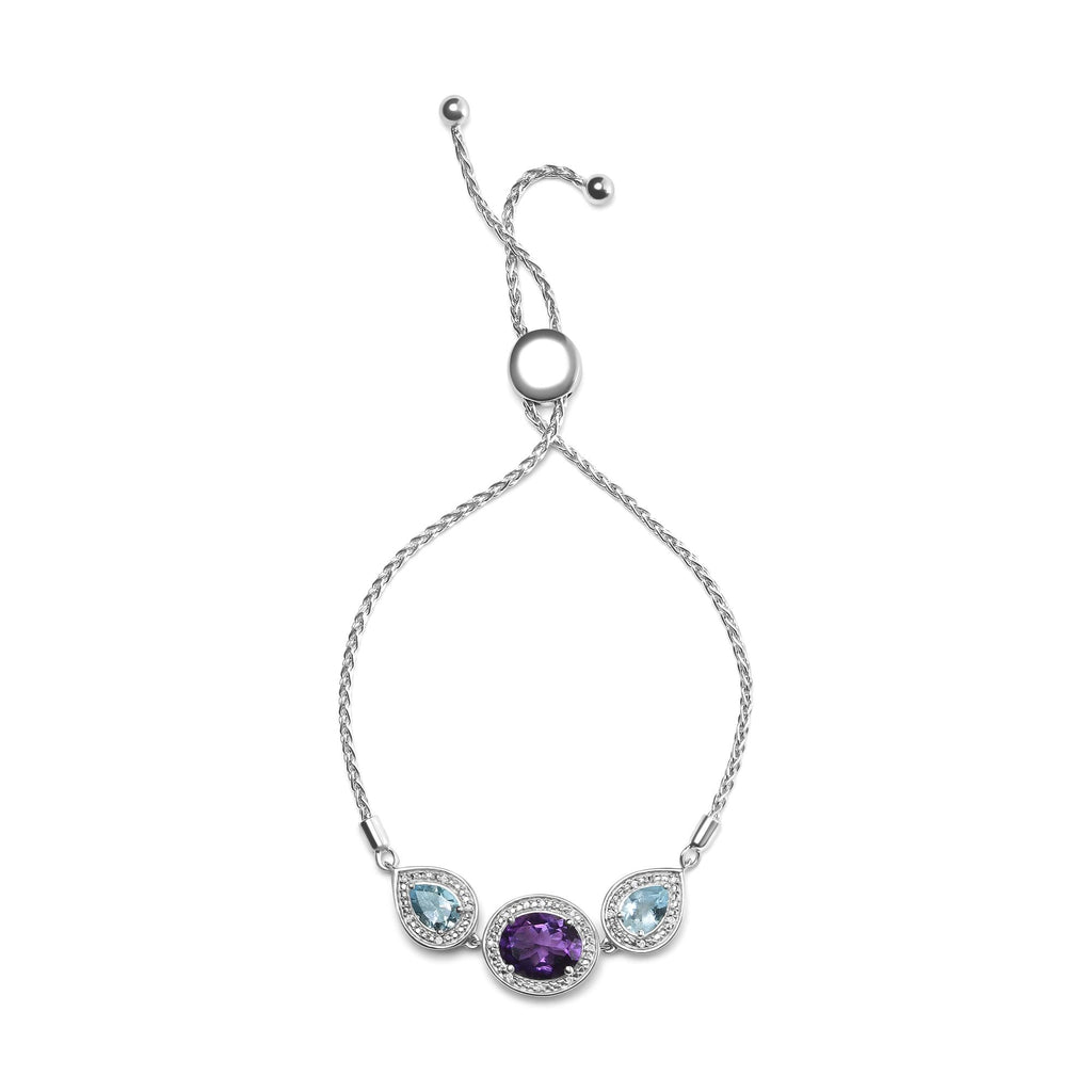 Oval Amethyst & Pear Blue Topaz Diamond Accent Lariat Bolo Bracelet in 925 Sterling Silver (H–I / SI1–SI2)