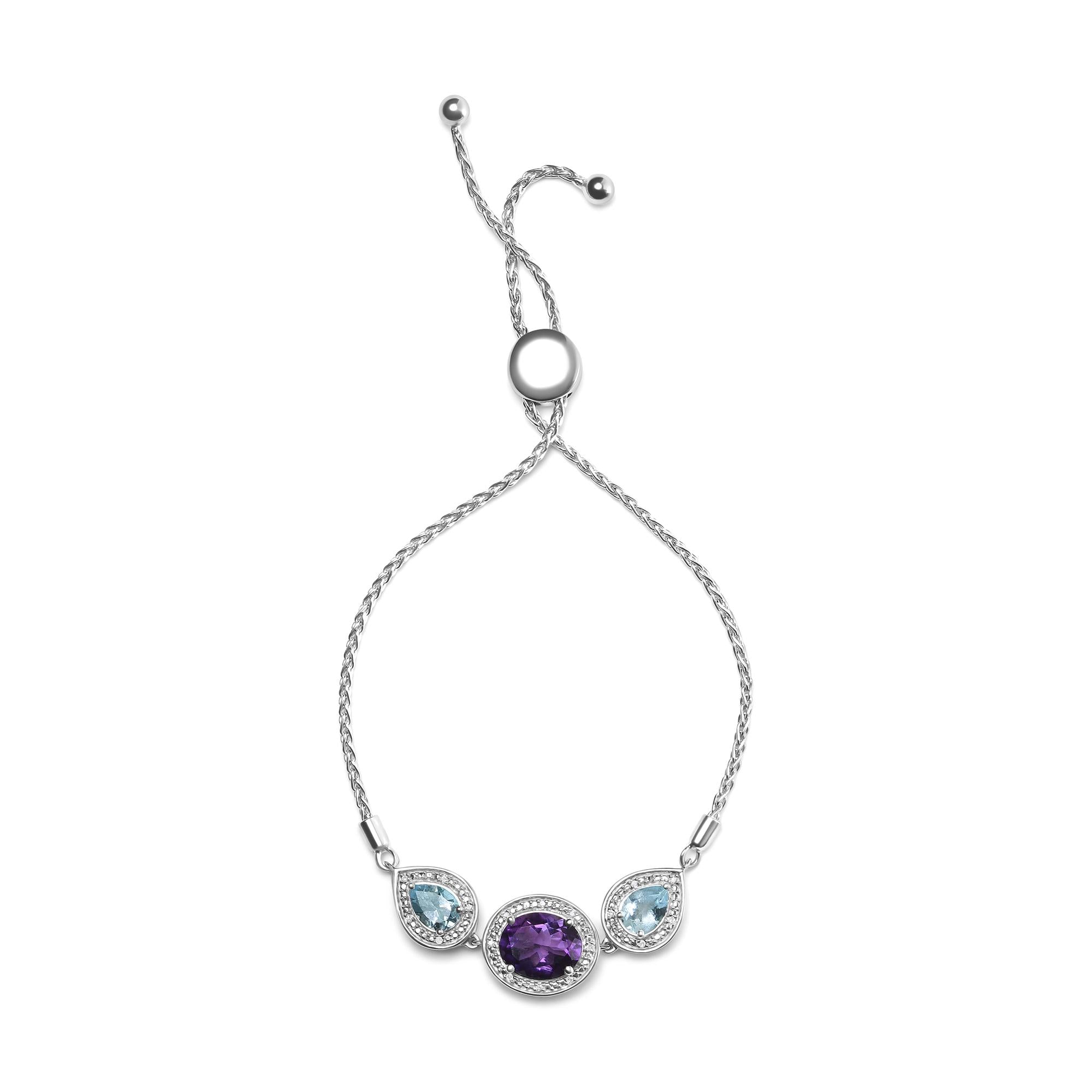 Oval Amethyst & Pear Blue Topaz Diamond Accent Lariat Bolo Bracelet in 925 Sterling Silver (H–I / SI1–SI2)
