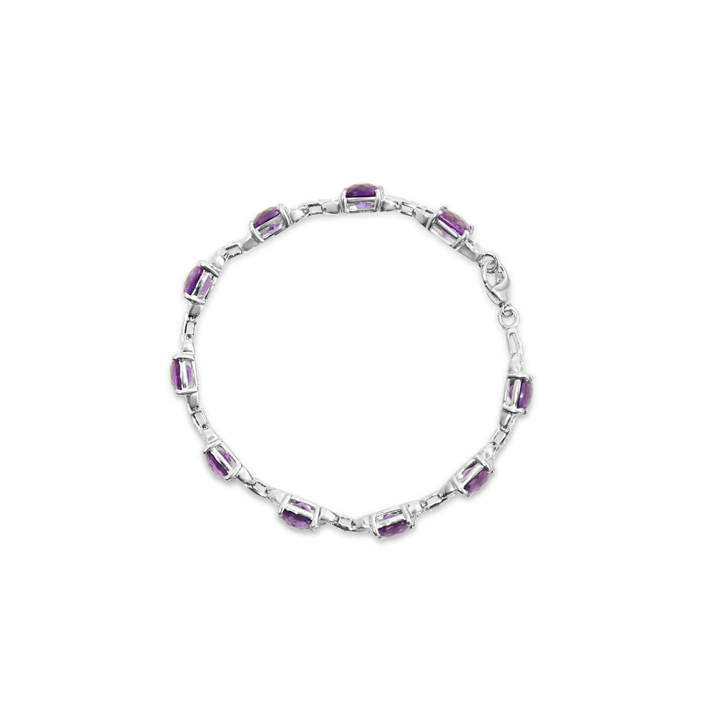 7mm Cushion-Cut Amethyst & Diamond Tennis Link Bracelet in 925 Sterling Silver – 7 in (I–J / I1–I2)