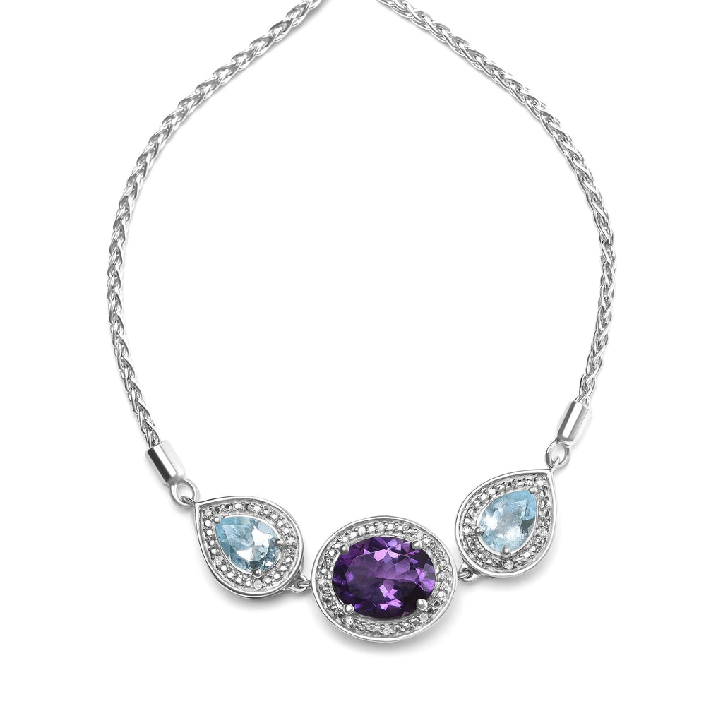 Oval Amethyst & Pear Blue Topaz Diamond Accent Lariat Bolo Bracelet in 925 Sterling Silver (H–I / SI1–SI2)