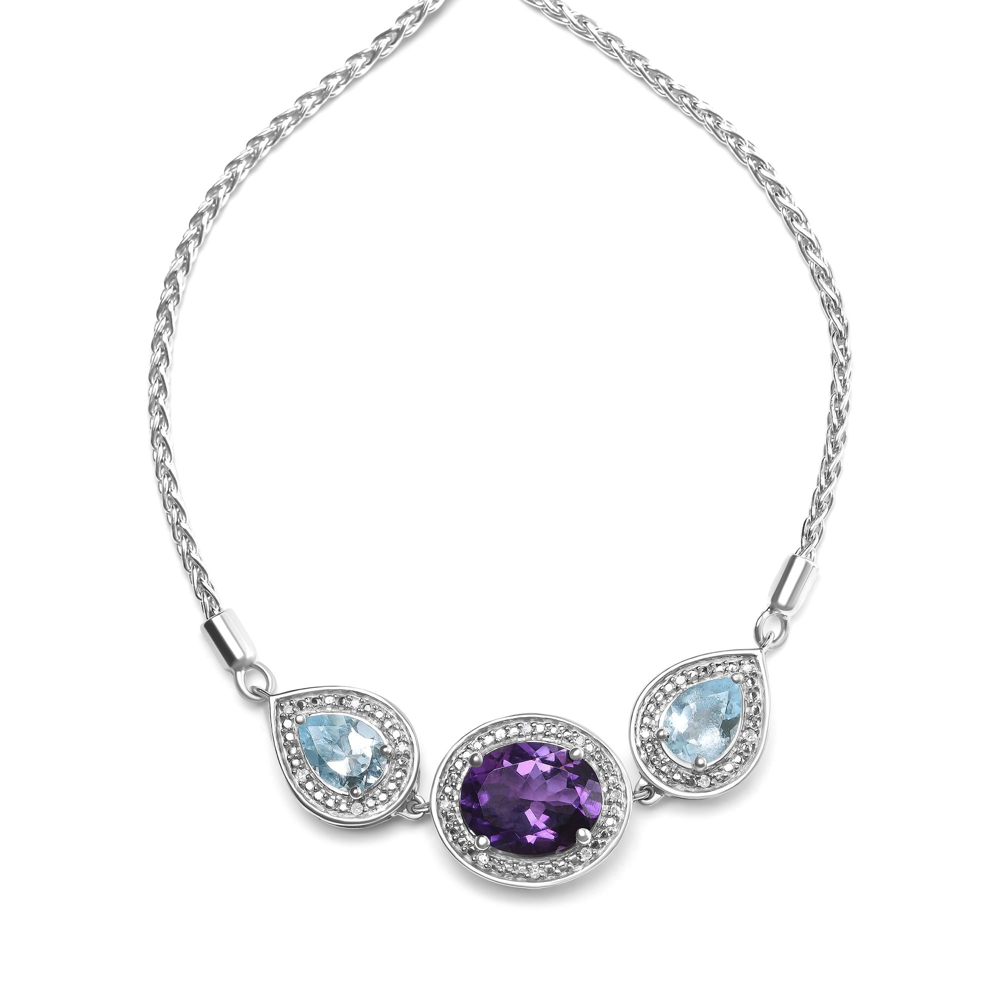 Oval Amethyst & Pear Blue Topaz Diamond Accent Lariat Bolo Bracelet in 925 Sterling Silver (H–I / SI1–SI2)