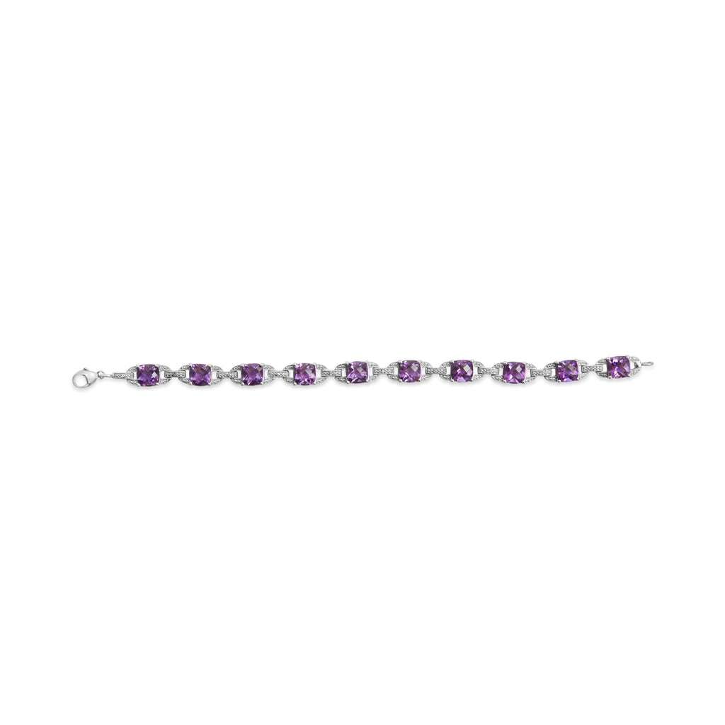 7mm Cushion-Cut Amethyst & Diamond Tennis Link Bracelet in 925 Sterling Silver – 7 in (I–J / I1–I2)