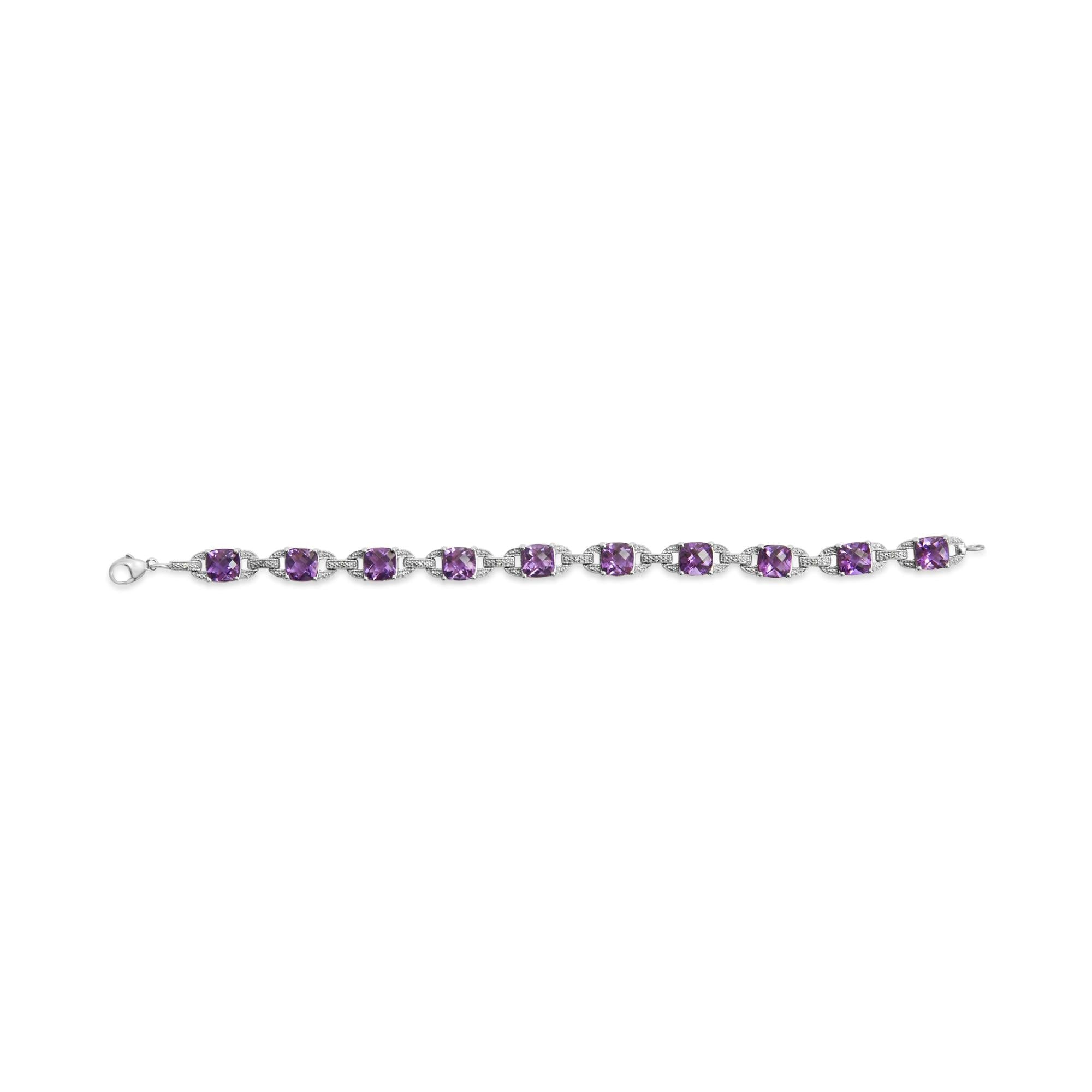 7mm Cushion-Cut Amethyst & Diamond Tennis Link Bracelet in 925 Sterling Silver – 7 in (I–J / I1–I2)