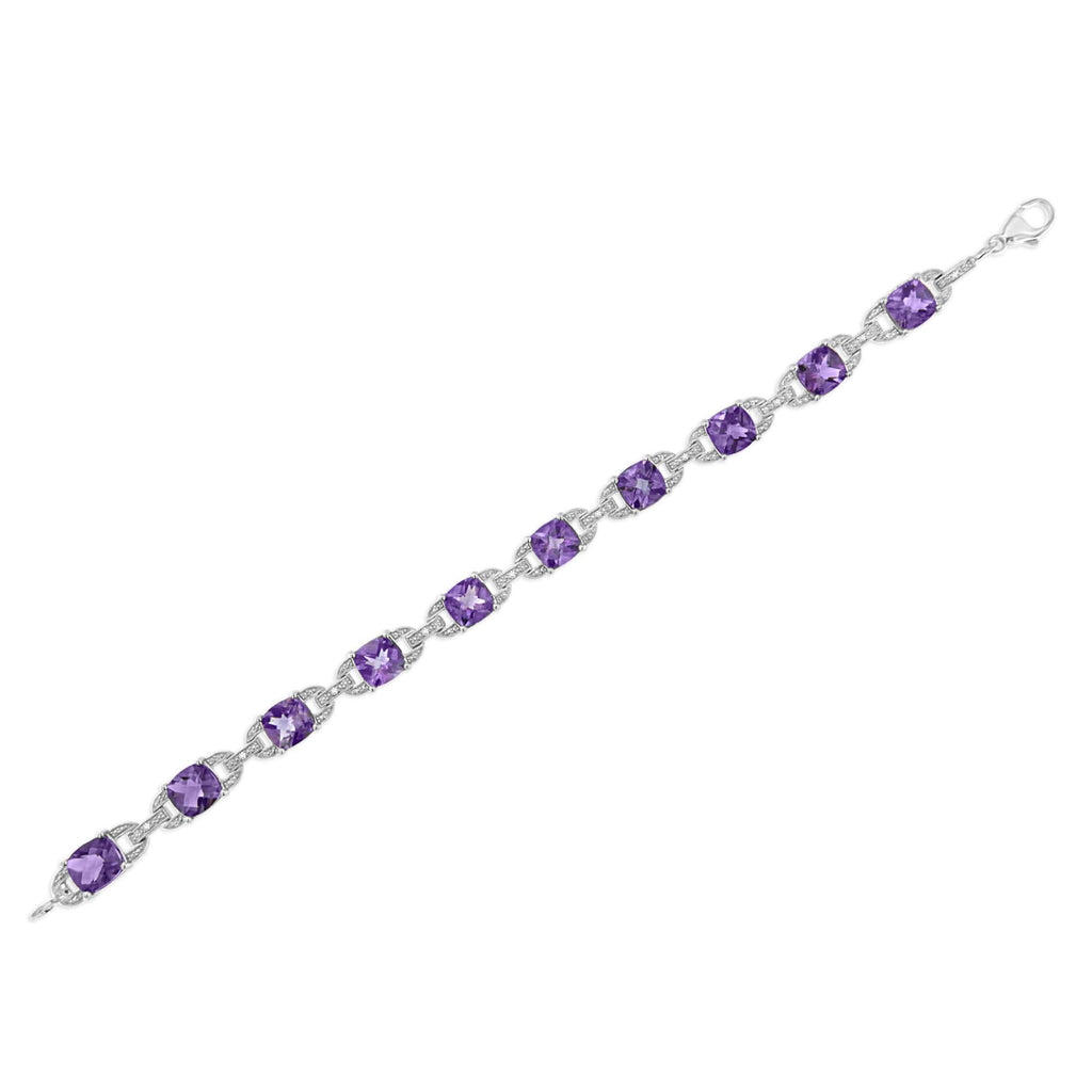 7mm Cushion-Cut Amethyst & Diamond Tennis Link Bracelet in 925 Sterling Silver – 7 in (I–J / I1–I2)