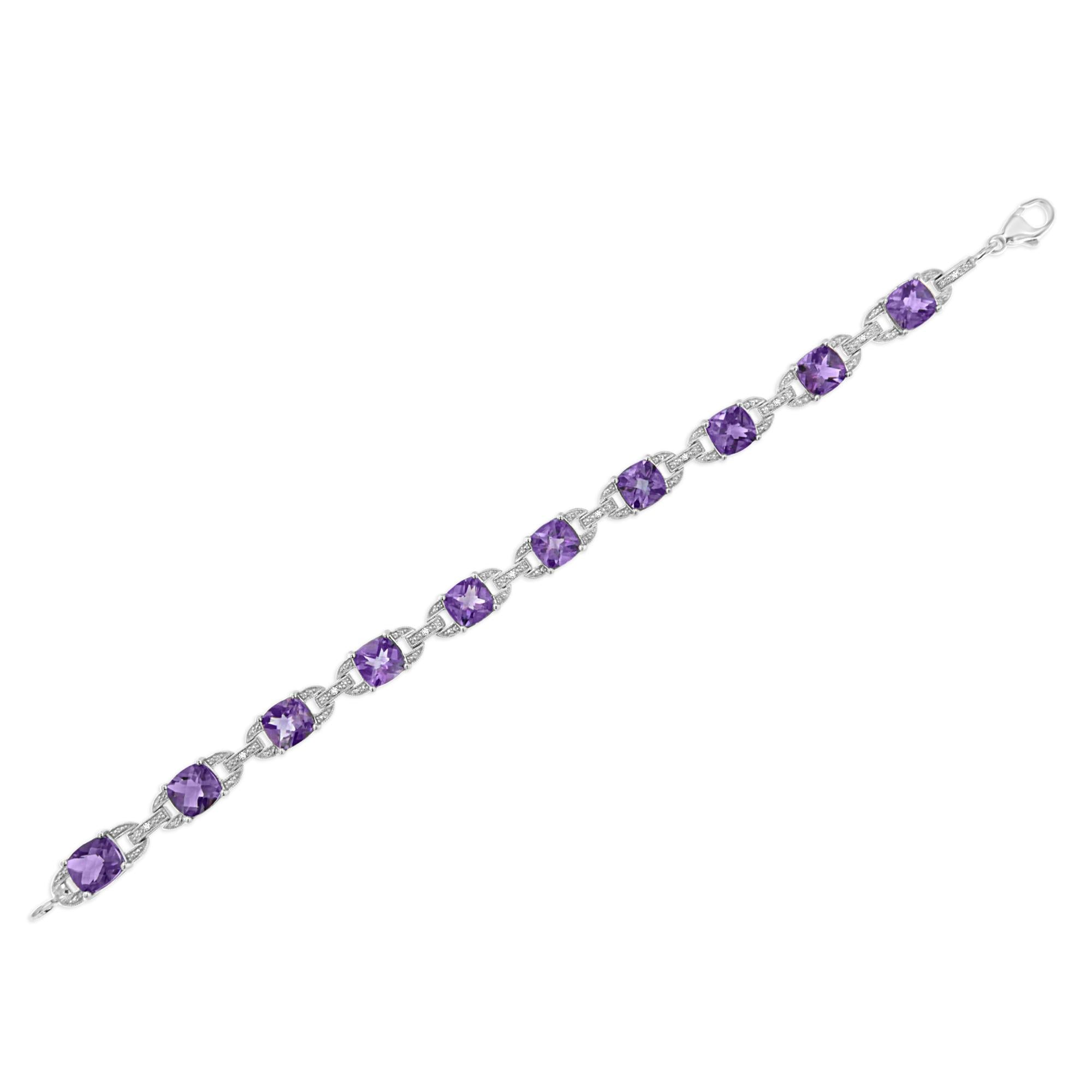 7mm Cushion-Cut Amethyst & Diamond Tennis Link Bracelet in 925 Sterling Silver – 7 in (I–J / I1–I2)
