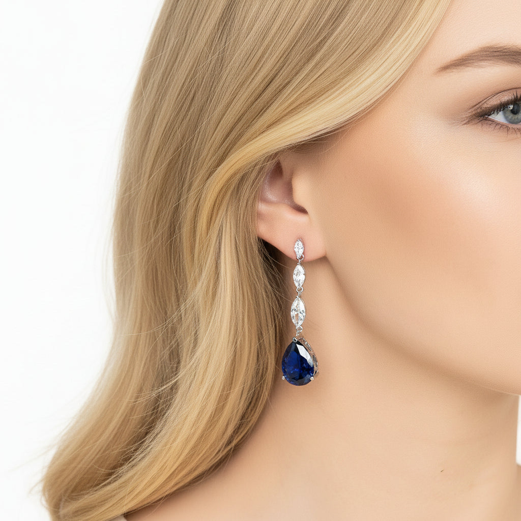 Teardrop Tanzanite Drop Earrings in 925 Sterling Silver with Marquise Accents