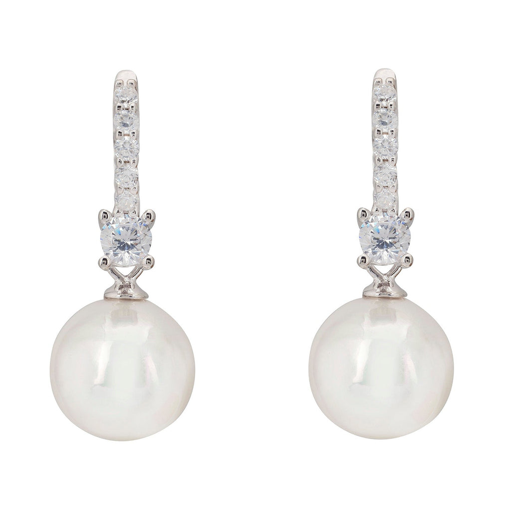 925 Sterling Silver Pearl Hoop Drop Earrings with White CZ