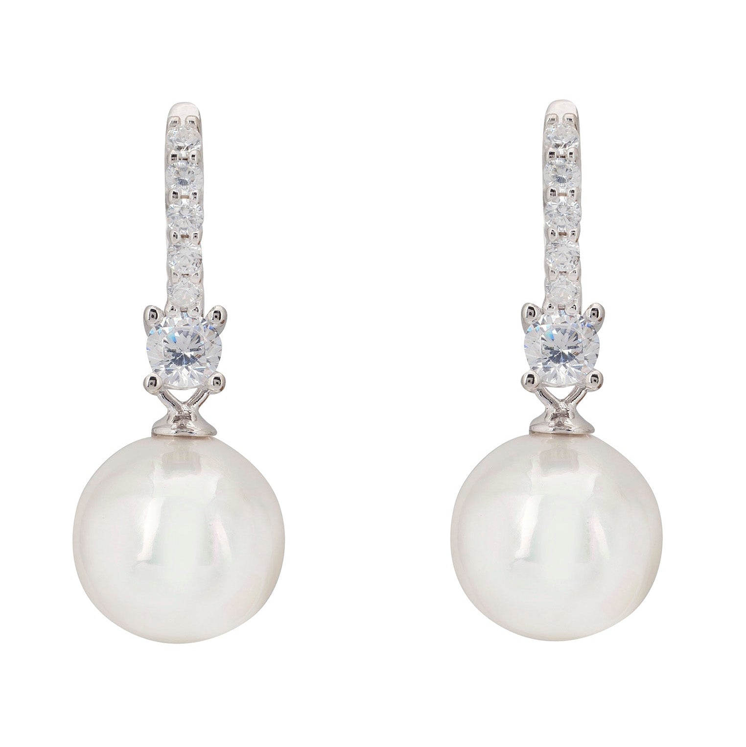 925 Sterling Silver Pearl Hoop Drop Earrings with White CZ