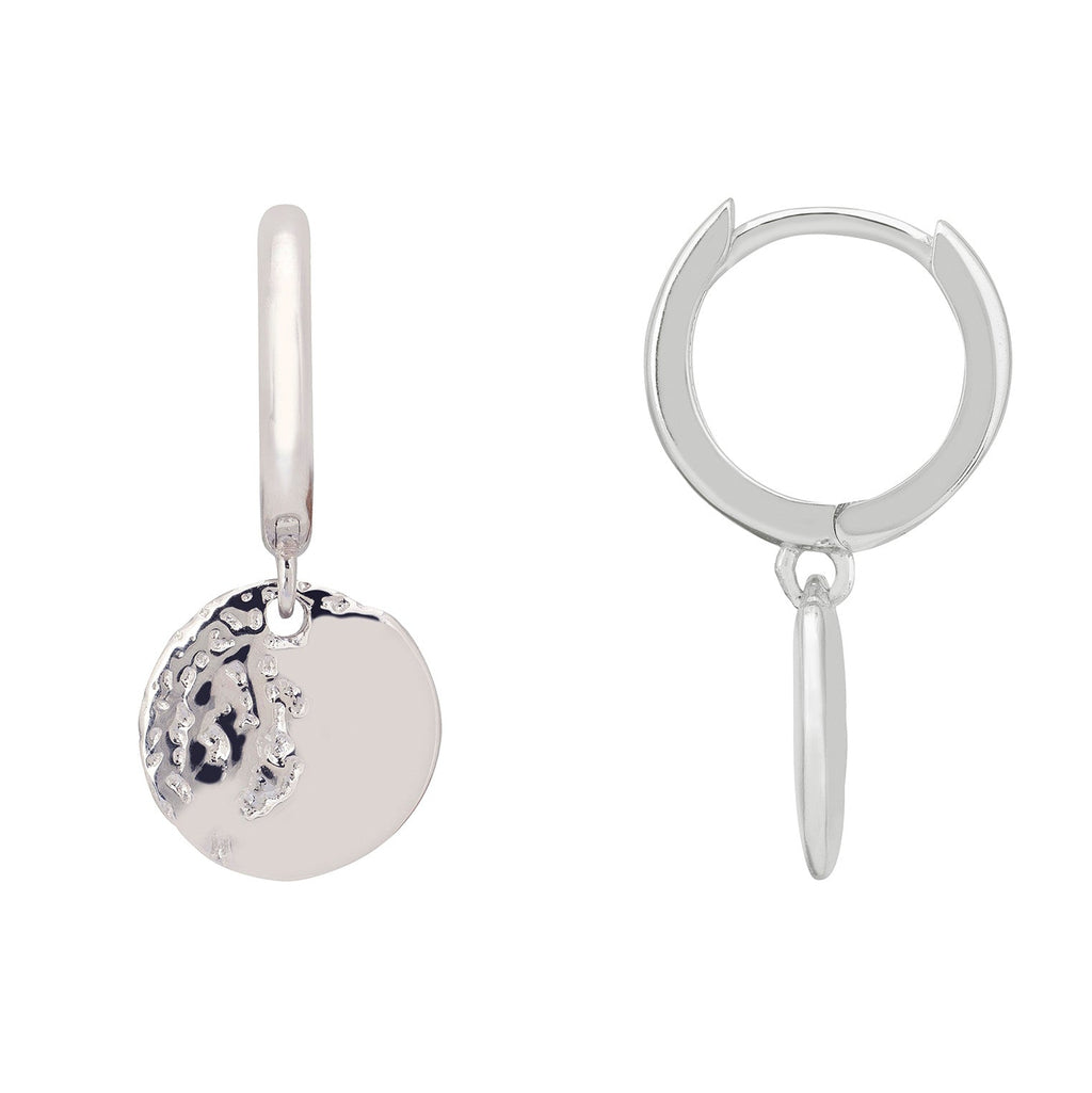 Lunar Moon Huggie Hoop Earrings in 925 Sterling Silver – Textured Disc Celestial Design