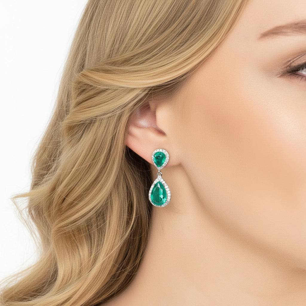 Teardrop Emerald Drop Earrings in 925 Sterling Silver with Zirconia Halo