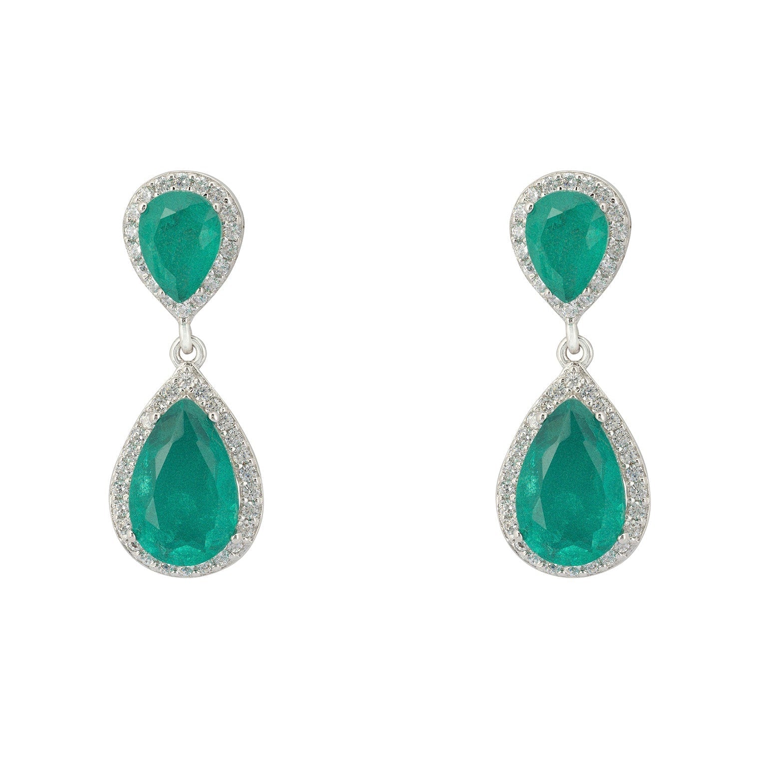 Teardrop Emerald Drop Earrings in 925 Sterling Silver with Zirconia Halo