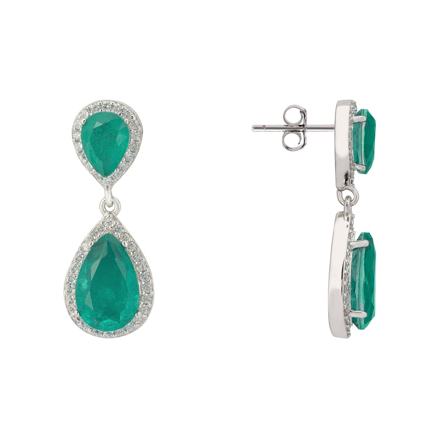 Teardrop Emerald Drop Earrings in 925 Sterling Silver with Zirconia Halo