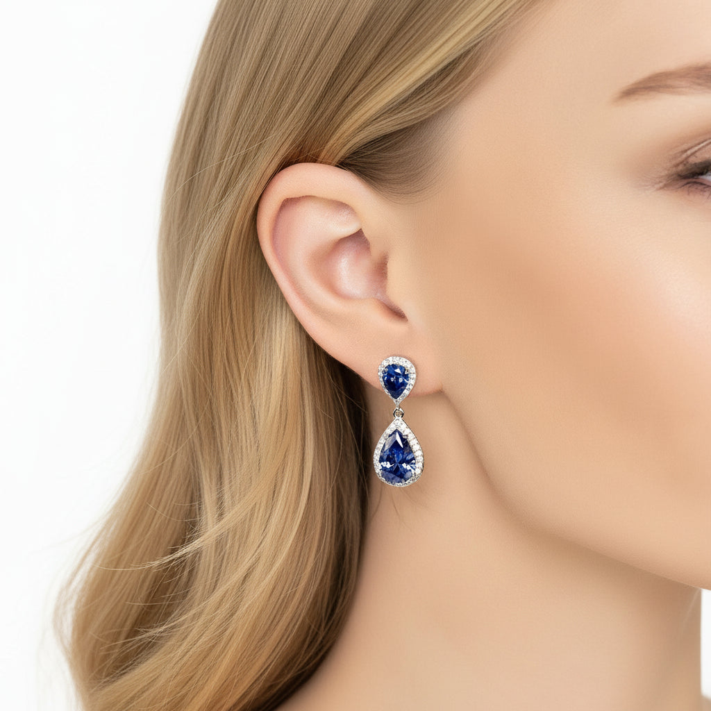 Teardrop Tanzanite Drop Earrings in 925 Sterling Silver with Zirconia Halo