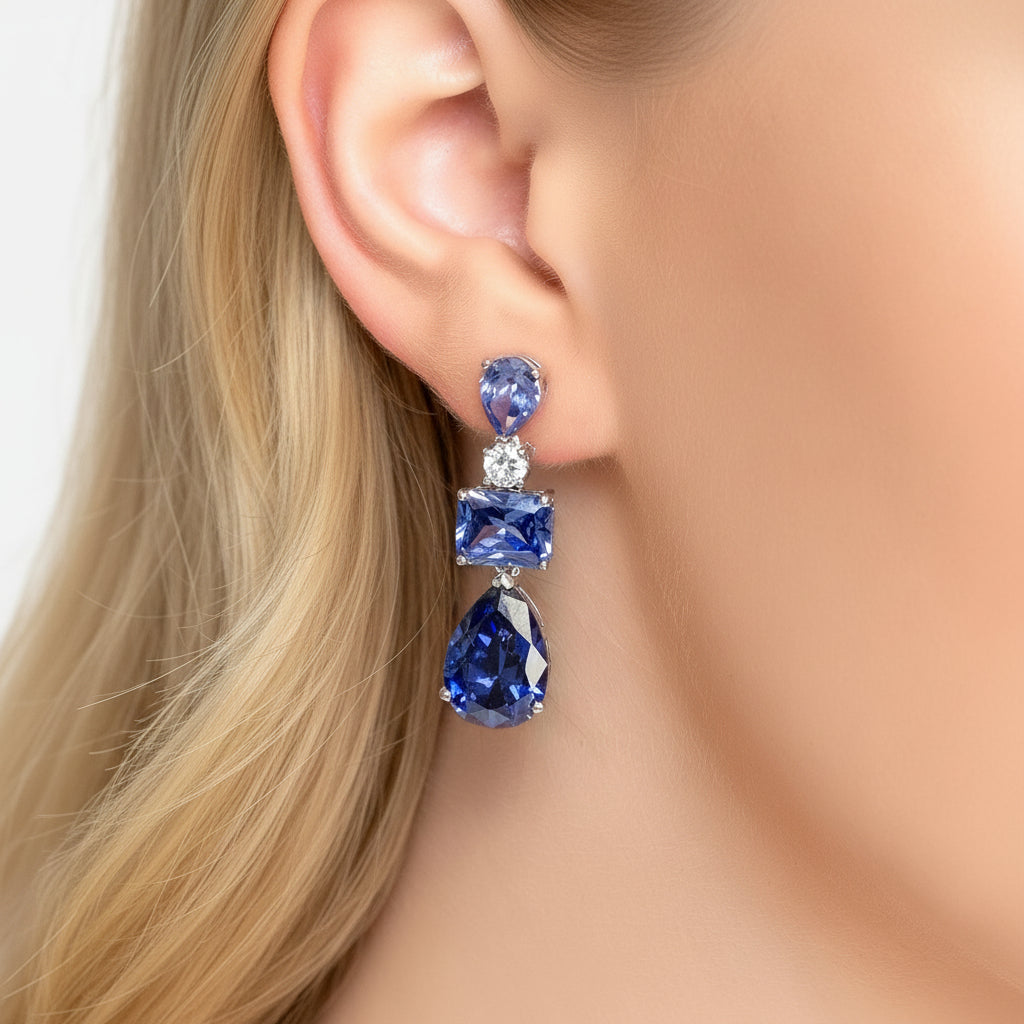 925 Sterling Silver Tanzanite Drop Earrings with Simulated Diamond Accents
