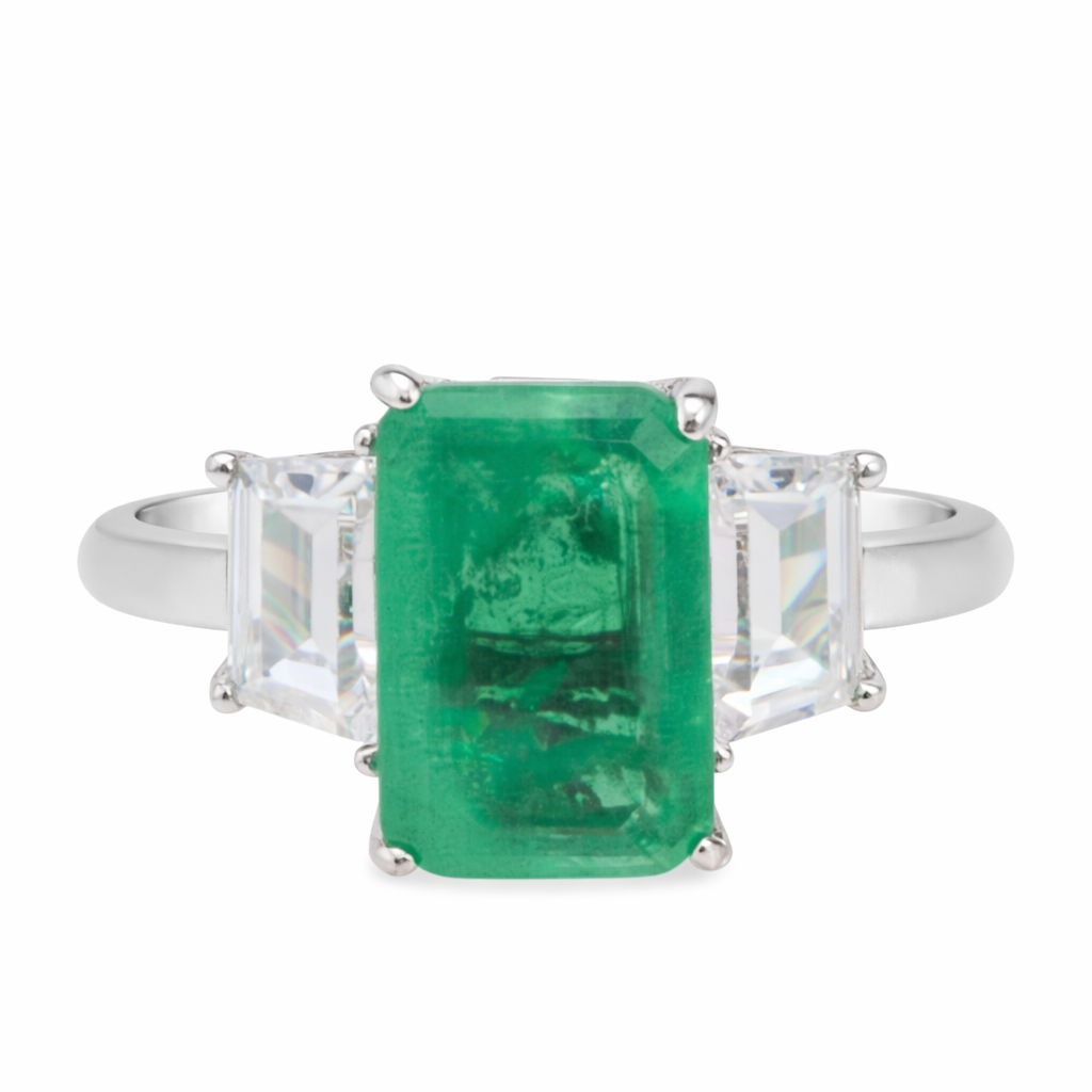925 Sterling Silver Emerald-Cut Green Emerald Ring with Clear CZ Accents – 4g