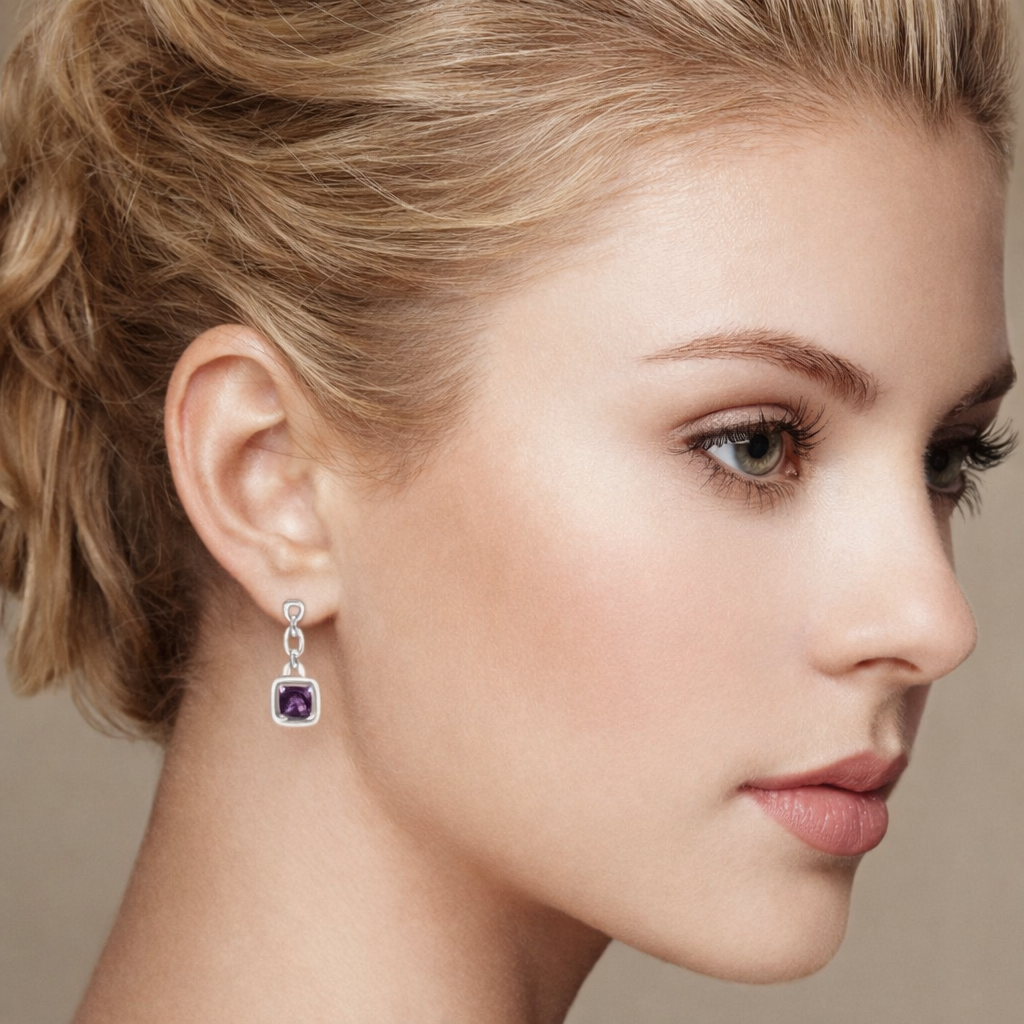 6×6 mm Natural Purple Amethyst & Diamond Dangle Earrings in 925 Sterling Silver (I–J Color)