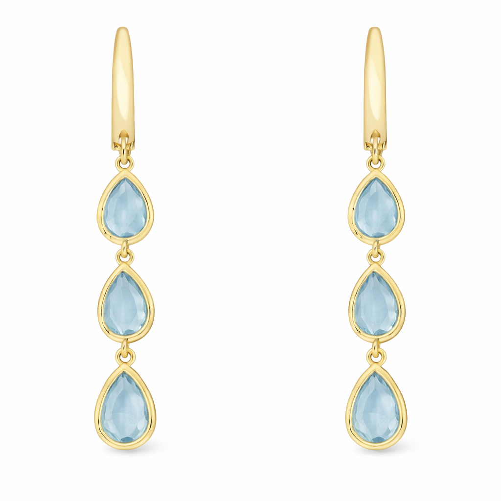 925 Sterling Silver Triple Teardrop Blue Topaz Hydro Drop Earrings – Gold Plated