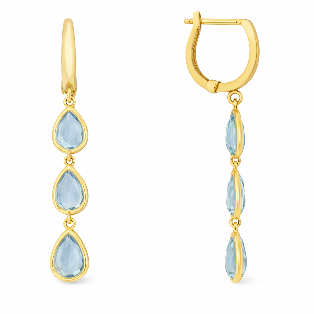 925 Sterling Silver Triple Teardrop Blue Topaz Hydro Drop Earrings – Gold Plated