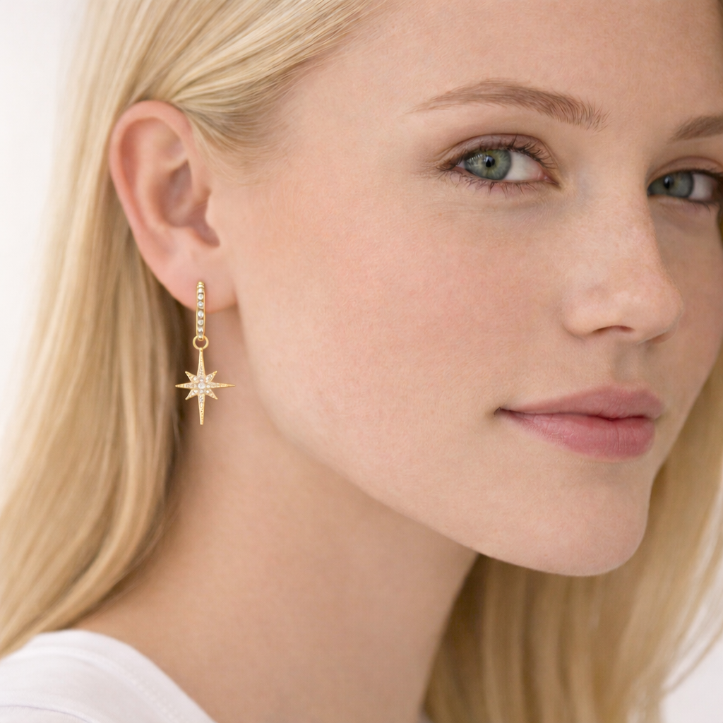 925 Sterling Silver North Star Burst Small Drop Earrings – Gold Plated