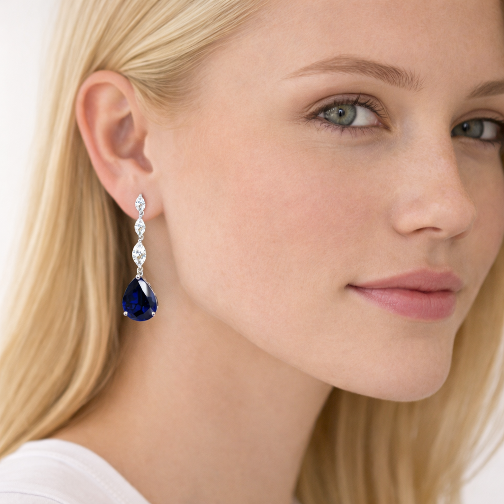 Teardrop Tanzanite Drop Earrings in 925 Sterling Silver with Marquise Accents