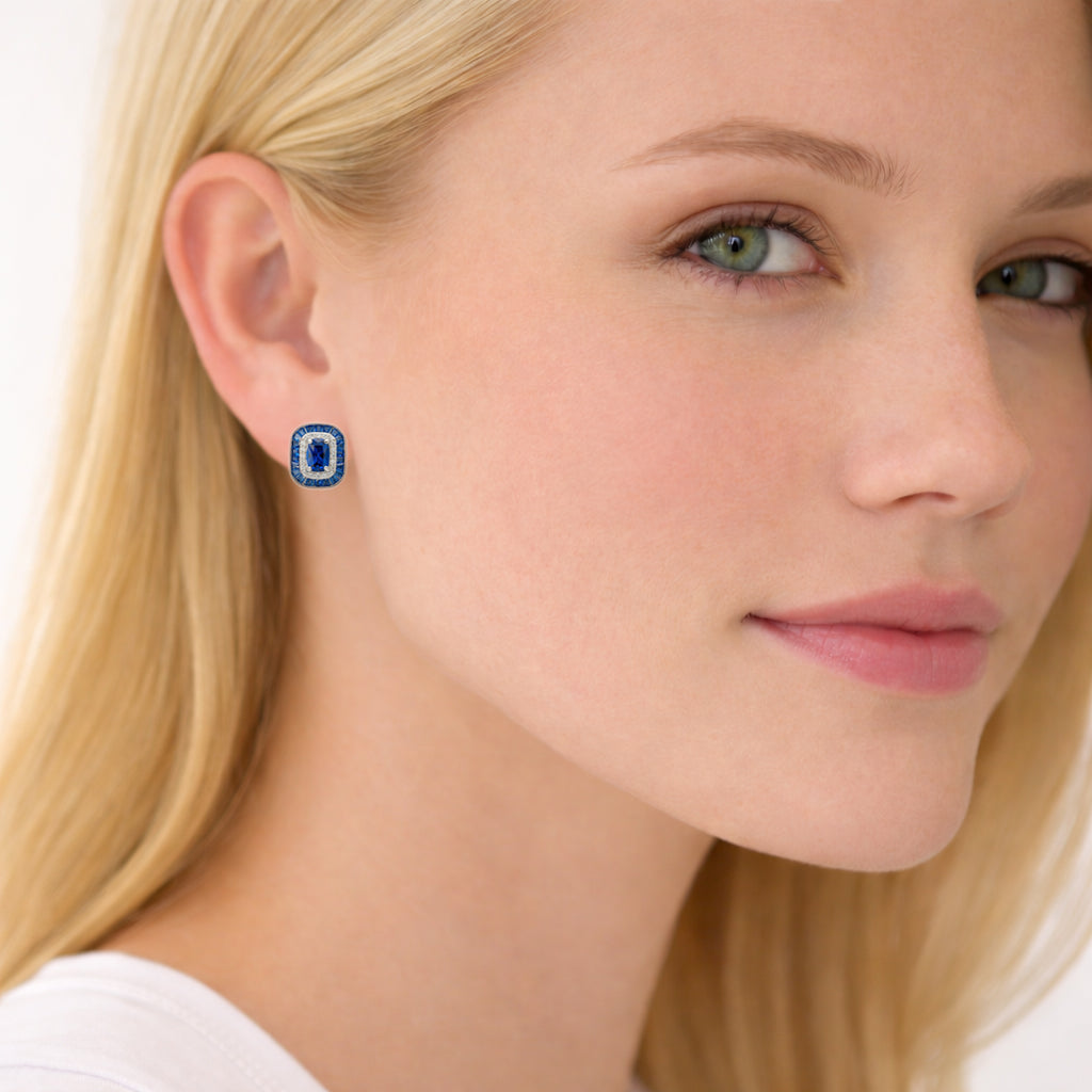 Art Deco Sapphire Stud Earrings in 925 Sterling Silver with Zirconia Halo