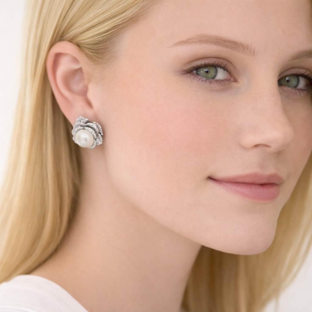 Pearl and Floral Petal Stud Earrings in 925 Sterling Silver with Zirconia Accents