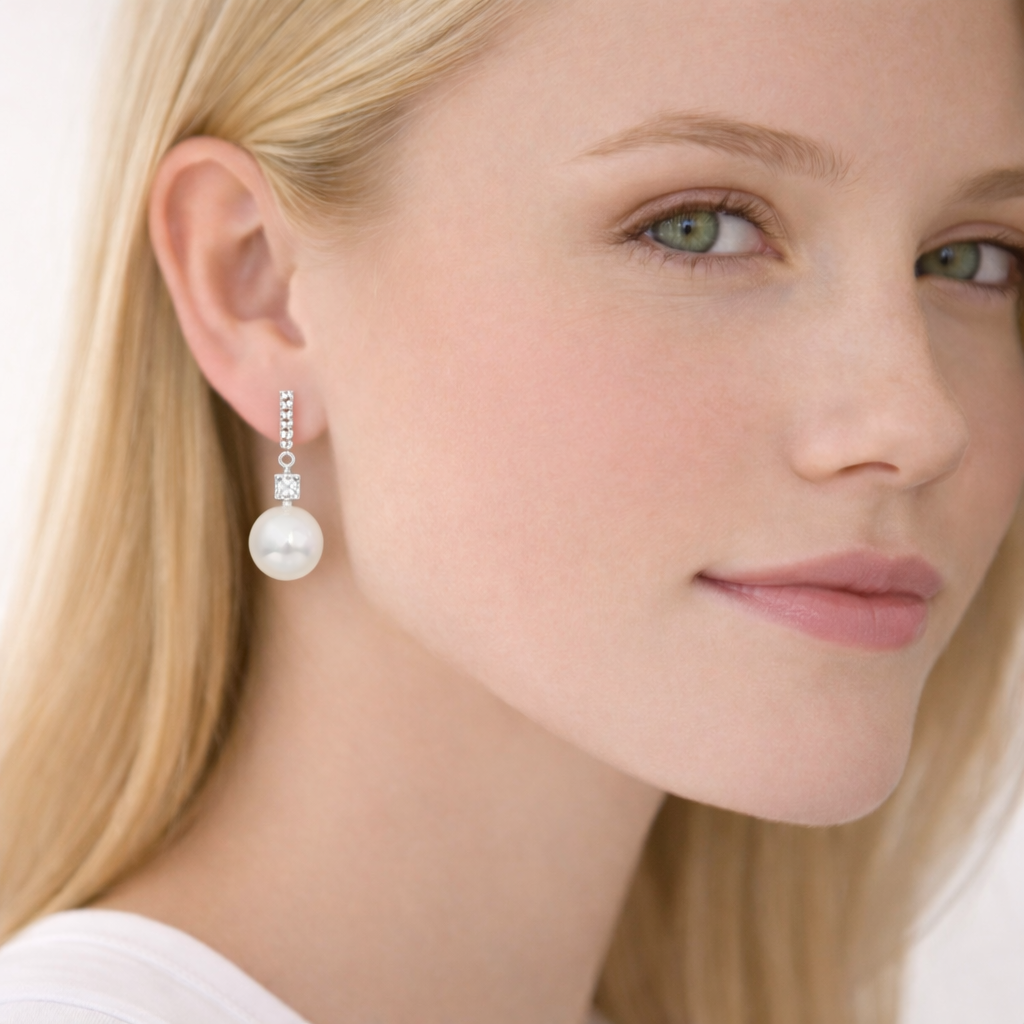 925 Sterling Silver Pearl Hoop Drop Earrings with White CZ